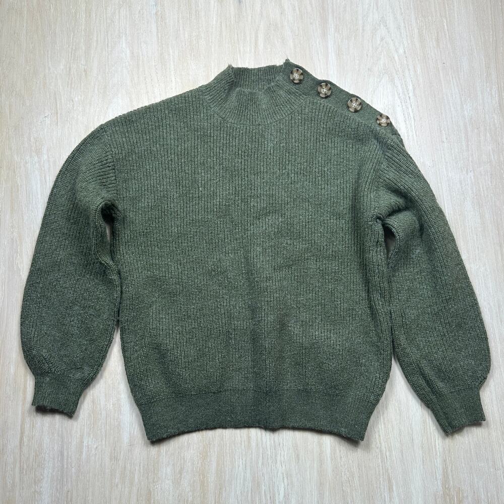 SMF Olive Green Mock Neck Button Shoulder Puff Sleeve Cottagecore Knit Sweater L